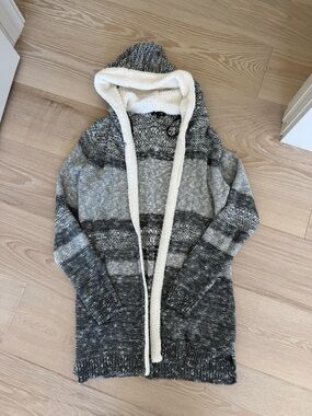 Lety & Me Striped Hooded Open-Front Cardigan Sweater - Gray/Creamy
